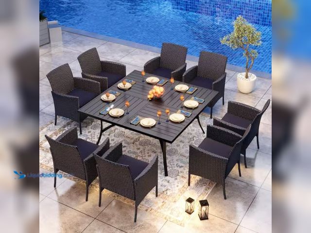 Lot 49-1602784 - PHI VILLA Black Metal Patio Outdoor Dining Set with Slat Square Table and Rattan Chairs with Blue Cu...