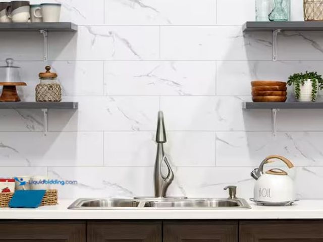Lot 49-3610814 - Approx (23) sq ft of PALISADE 23.2 in. L x 7.2 in. W Carrara Marble Waterproof Adhesive No Grout Vin...
