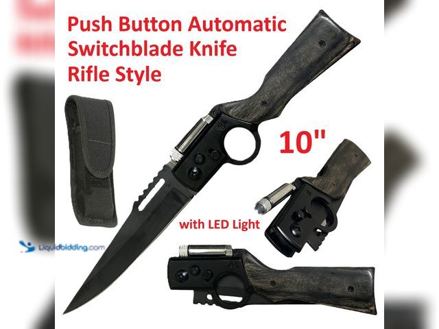 Lot 49-5492904 - Rifle Style Push Button Automatic Switchblade Knife Black 10" with LED Light and Wood Handle - NEW -...