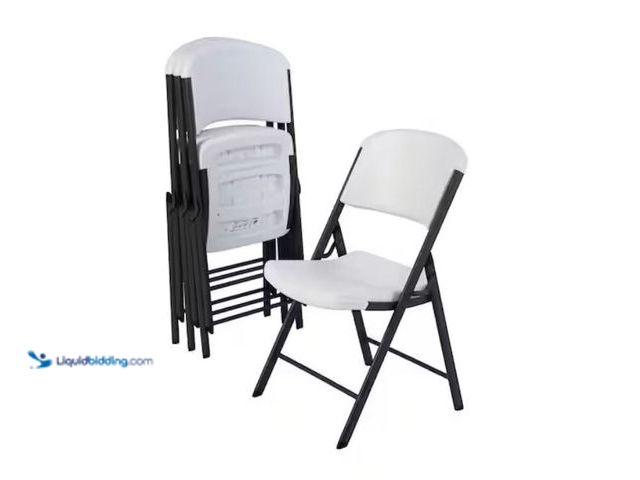 Lot 49-2006616 - Set of (4) Lifetime White Plastic Seat Metal Frame Outdoor Safe Folding Chair, Model # 42804, Unused...