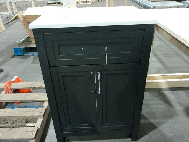 Lot 49-2000078 - 24" x 35" x 18.75" Black Bathroom Vanity with White Sink Top and Gold-tone Hardware, Unknown model n...