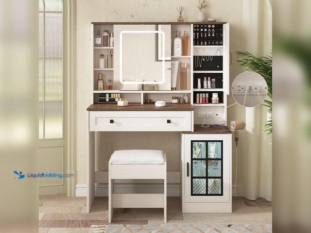 Lot 49-5408072 - Makeup Vanity Desk with Sliding Mirror, 41.8'' White Farmhouse Vanity Table with Stool, Jewelry Cabi...