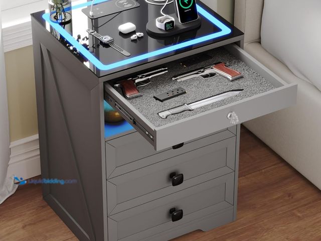 Lot 49-1555608 - Smart Nightstand with Lockable Gun Drawer, Farmhouse Bedside Table with Charging Station and 3 LED L...