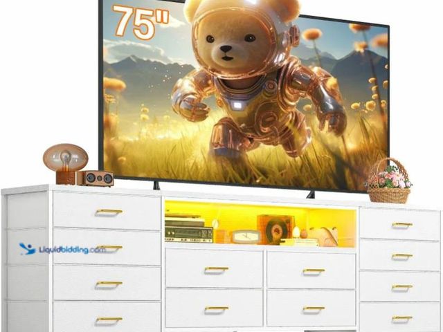 Lot 49-1558902 - 12-drawer TV stand dresser w/ power outlets & LED lights, open shelf, fits 75" TV Modern bedroom med...