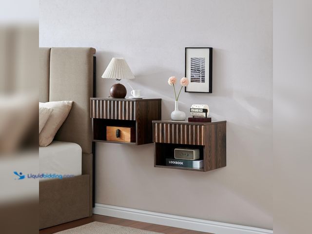 Lot 49-5406911 - Floating Nightstand with Fluted Drawer - Modern Wall Mounted Bedside Table with Open Storage Shelf, ...