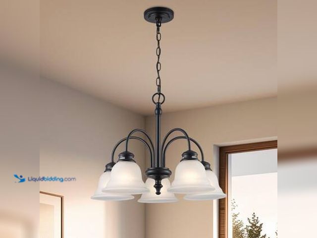 Lot 49-5572414 - Bel Air Lighting 5-Light Black Down-Light Chandelier Light Fixture with Frosted Glass Bell Shaped Sh...
