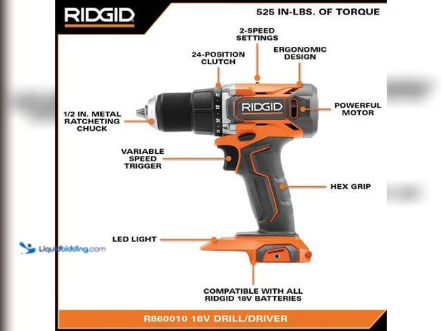 Lot 49-3565334 - RIDGID 18V Cordless 1/2 in. Drill/Driver TOOL ONLY Model # R860010K UNUSED