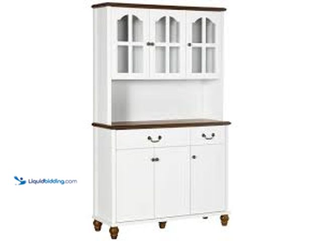 Lot 49-5483446 - HOMCOM White Wood 43.25 in. Pantry Cabinet with 6 Soft Closing Doors. Model # 835-930V00WT. Unused