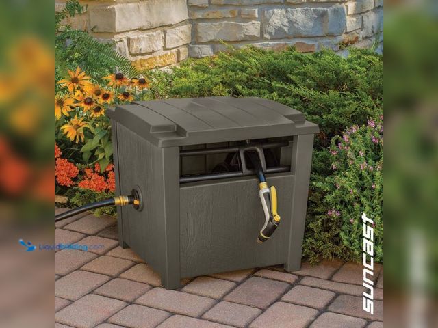 Lot 49-2024556 - Suncast 150 ft. Farmington Smart Tube Hose Hideaway with Brass Connections, Stoney. Model # CPLFHH11...