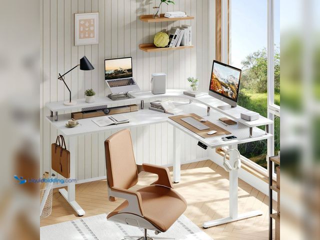 Lot 49-3563002 - Bestier
63 in. L-Shaped White Carbon Fiber Wood Sit to Stand Desk with 3-Height Memory Presets and ...