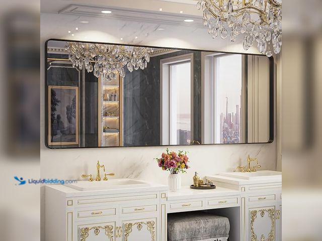 Lot 49-5442701 - Large Bathroom Mirror for Wall, 84x32 Inch Matte Black Framed Bathroom Vanity Mirror for Farmhouse L...