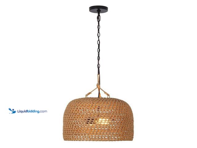Lot 49-2021921 - Hampton Bay Summer point 120-Watt 2-Light Black Shaded Pendant Light with Natural Woven Shade, No bu...