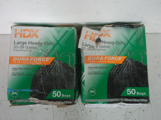 Lot 49-3616780 - HDX Set of (2) 33-39-Gal. Black Heavy Duty Drawstring Trash Bags with 20% PCR (50-Count) - Unused SK...