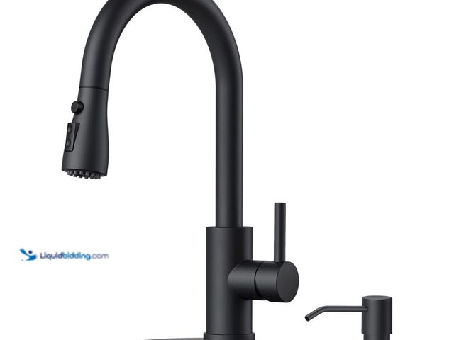 Lot 49-3481709 - FORIOUS Black Kitchen Faucet with Soap Dispenser and Pull Down Sprayer, Bar High Arc Single Handle C...