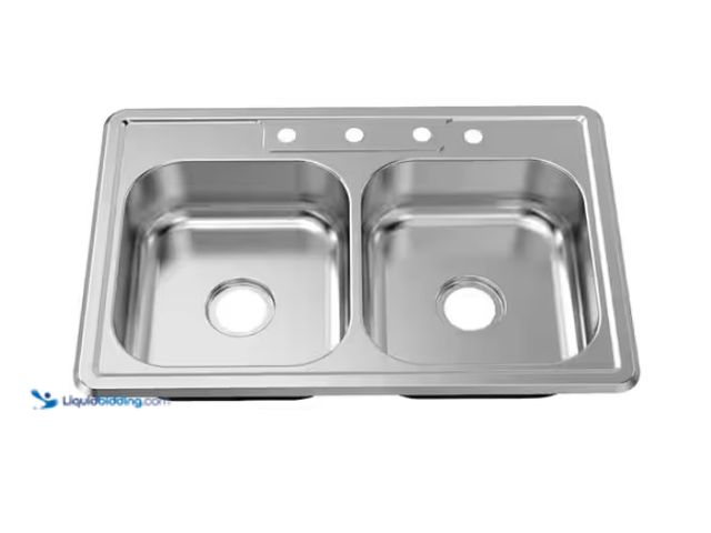 Lot 49-1574773 - Glacier Bay 33 in. Drop-In 50/50 Double Bowl 22 Gauge Stainless Steel Kitchen Sink, Model # VT3322A0...