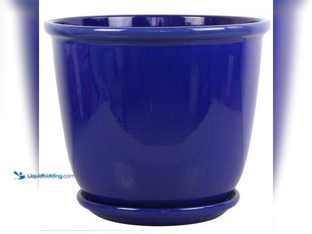 Lot 49-5548919 - Vigoro Delphine Medium Blue Glazed Plastic Planter with Attached Saucer and Drainage Holes (14 in. L...