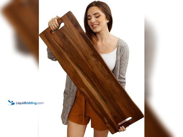 Lot 49-3514536 - Large Acacia Serving Board with Handles, 36 x 12 Inch Rectangular Charcuterie Platter, Natural Wood ...