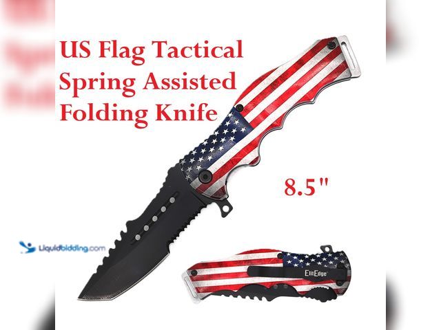 Lot 49-5492907 - ElitEdge US Flag Tactical Spring Assisted Folding Knife 8.5" with Black Cleaver-Style Blade- NEW - T...