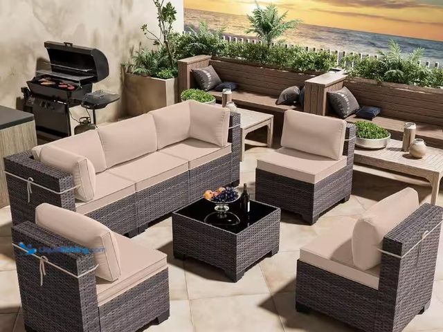 Lot 49-1526195 - Halmuz 7-Piece Wicker Outdoor Sectional Set with Cushion Sand, Model # 7PS-Sand, New, Has box A, B, ...