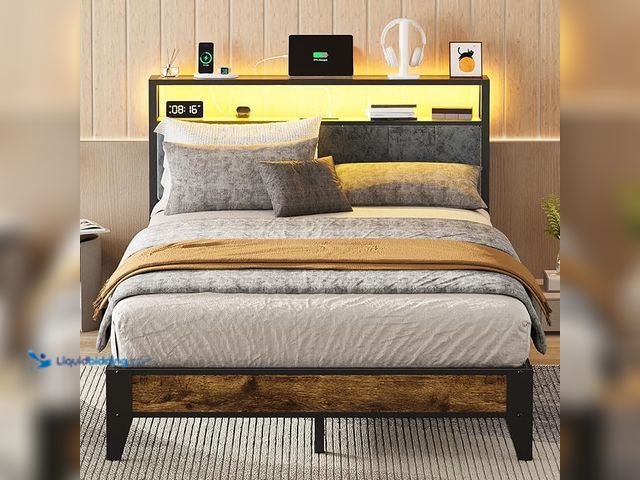 Lot 49-1572227 - OLEVS Full Bed Frame with Headboard, Metal Platform Bed Full Size with 2-Tier Storage, LED Light & C...