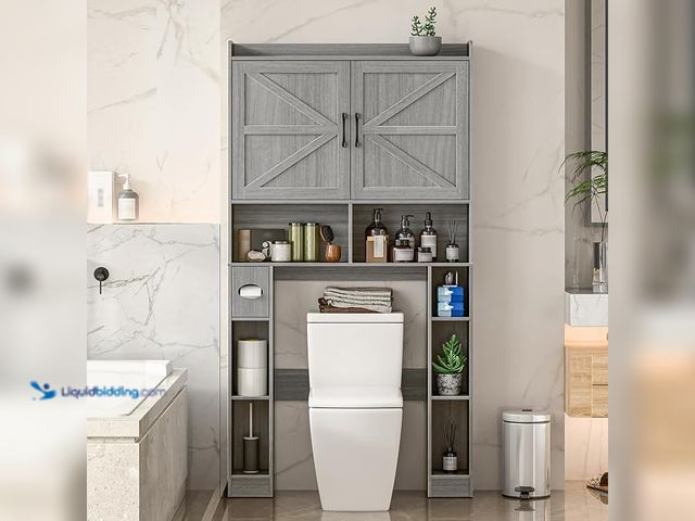 Lot 49-1557114 - Vabches Over The Toilet Storage Cabinet, Farmhouse Toilet Cabinet Rack with Barn Doors, Space Saving...