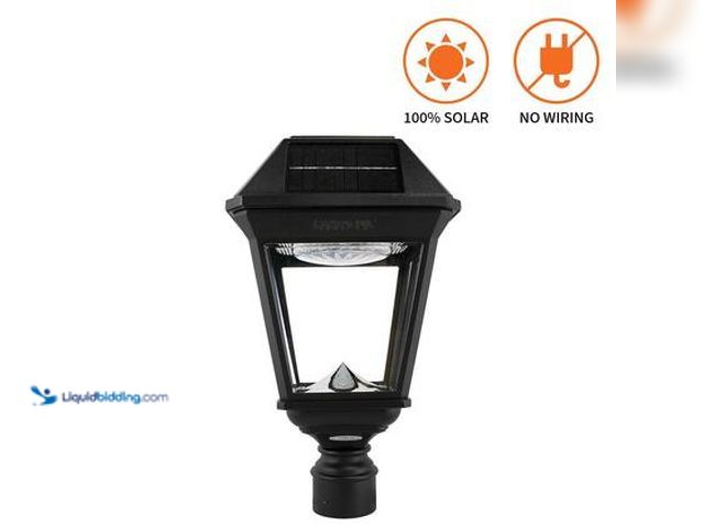 Lot 49-5544407 - GAMA SONIC Imperial III Black 1-Light Outdoor Commercial Solar Post Light, Dusk to Dawn LED, Dual Co...