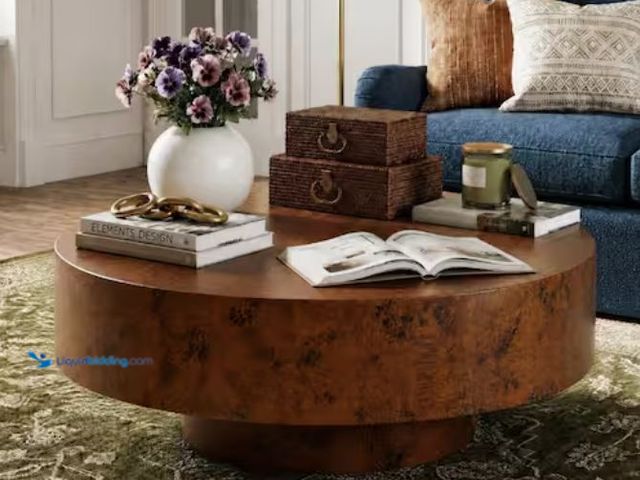 Lot 49-2020630 - TECHMILLY Modern Expresso Solid Burl Wood Round 31 in. Handcrafted Coffee Table Accent Cocktail Tabl...