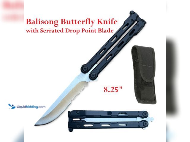 Lot 49-3435065 - Balisong Butterfly Knife 8.25" Black with Silver Serrated Drop Point Blade - NEW - The drop point se...