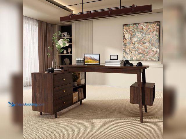 Lot 49-5408582 - FUFU&GAGA 55.1 in. Width L-shaped Brown Wooden 3-Drawer Computer Desk, Writing Desk with Shelves Sto...