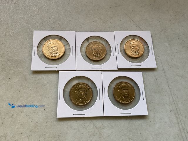 Lot 49-3609216 - LOT OF 5 PRESIDENTIAL GOLD (IN COLOR) ONE DOLLAR COINS INCLUDING GRANT, PIERCE, FILLMORE AND  JEFFER...