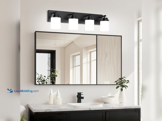 Lot 49-5487630 - 4-Light Bathroom Light Fixtures, Modern LED Vanity Light with White Glass Shade, Matte Black Bathroo...