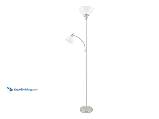 Lot 49-5412979 - 70 in. Brushed Nickel Mother Daughter 2-Light Torchiere Floor Lamp with Plastic Shade, used.