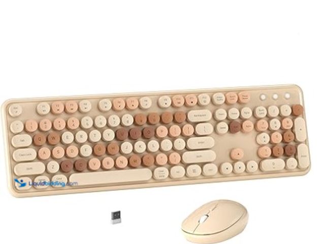 Lot 49-3472724 - Colorful Wireless Computer Keyboard and Mouse Combo with Round Typewriter Keycaps, Retro Design, Pow...