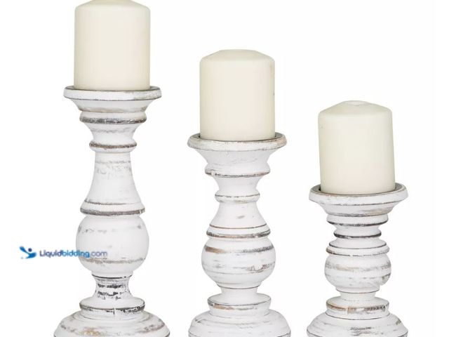 Lot 49-1556618 - Set of 3 Rustic Pillar Candle Holder White - Olivia & May: Elegant Mango Wood, Sturdy Base, Indoor U...