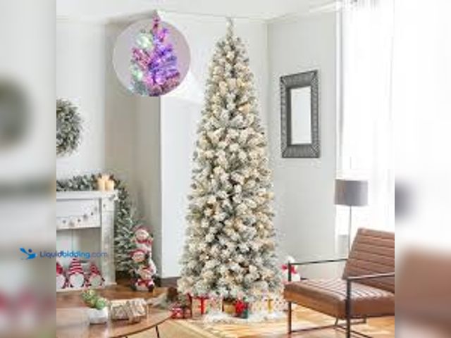 Lot 49-5461437 - Qunler 7ft Pre-Lit Snow Flocked Pencil Christmas Tree, Artificial Slim Xmas Tree with Warm White & 1...