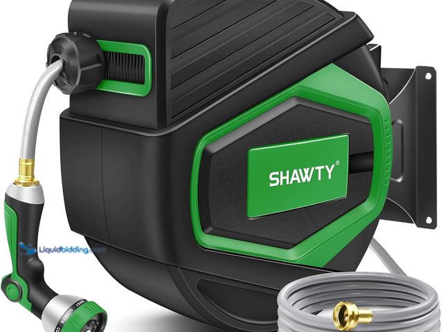 Lot 49-5437299 - SHAWTY Retractable Garden Hose Reel 100FT 1/2" - 4-Layer Hose with Metal Bracket, Auto-Lock Slow Ret...