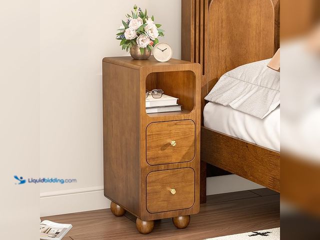Lot 49-3600306 - Small Nightstand, Narrow Tall Beside Table with 2 Drawers and Open Shelf, Walnut Solid Wood Night St...