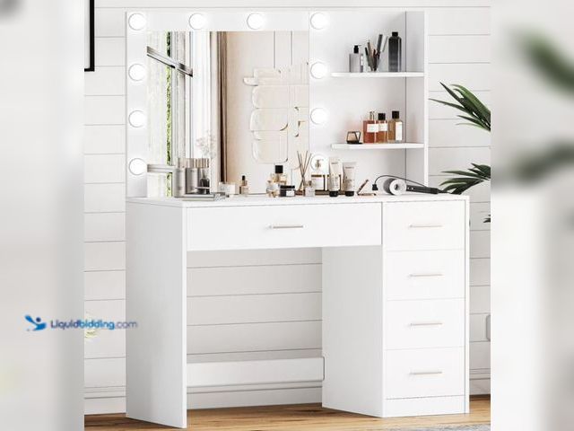 Lot 49-3472670 - Vanity Table with Mirror and Lights, 3 Lighting Colors, Bedroom Makeup Vanity with Charging Station,...