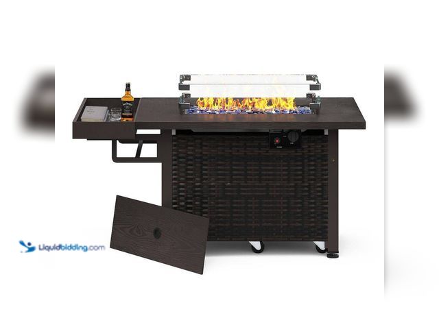 Lot 49-5414423 - 52 in. 50,000 BTU Brown Rectangular Wicker Outdoor Fire Pit Table with Storage Shelf Glass Wind Guar...