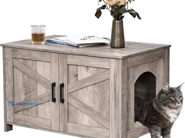 Lot 49-3563805 - Homhedy Cat Litter Box Enclosure, Wooden Cat Washroom Furniture with Barn Door, Pet House, Fit Most ...