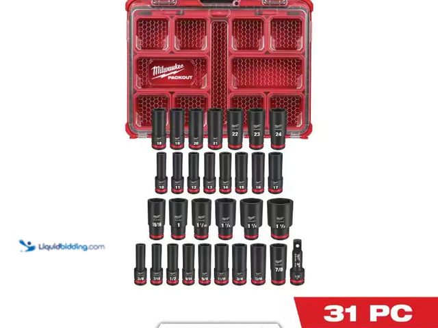 Lot 49-5508773 - Milwaukee
SHOCKWAVE Impact-Duty 1/2 in. Drive Metric and SAE Deep Well Impact PACKOUT Socket Set (3...