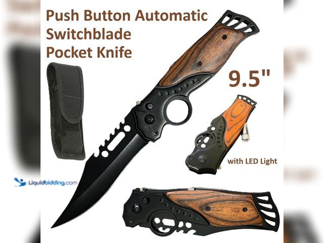 Lot 49-3435367 - Automatic Push Button Switchblade Knife Black 9.5" with LED Light, Wood Handle and Stainless Steel C...
