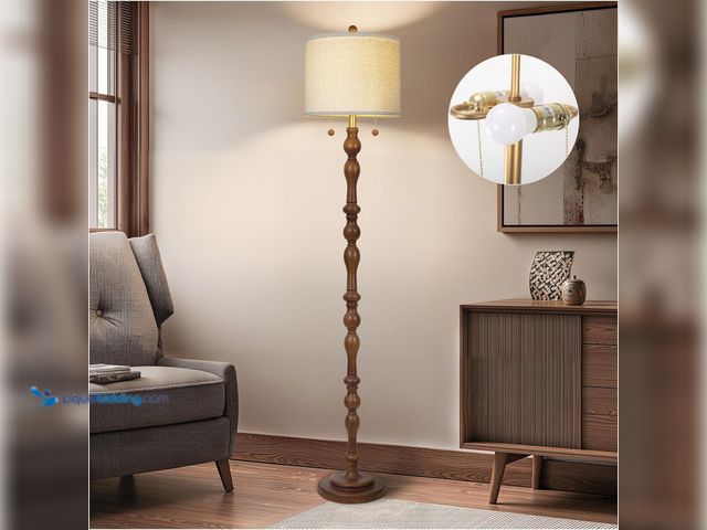 Lot 49-5435388 - 65.5" Natural Real Wood Floor Lamp with S Cluster Pull Chains Dual Switch,Wood Base Standing Lamp,Ru...