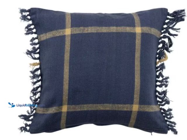 Lot 49-1516539 - (2) Storied Home 18 in. Square Blue Citron Plaid Cotton Flannel Pillow with Fringe, model #  DF5662,...