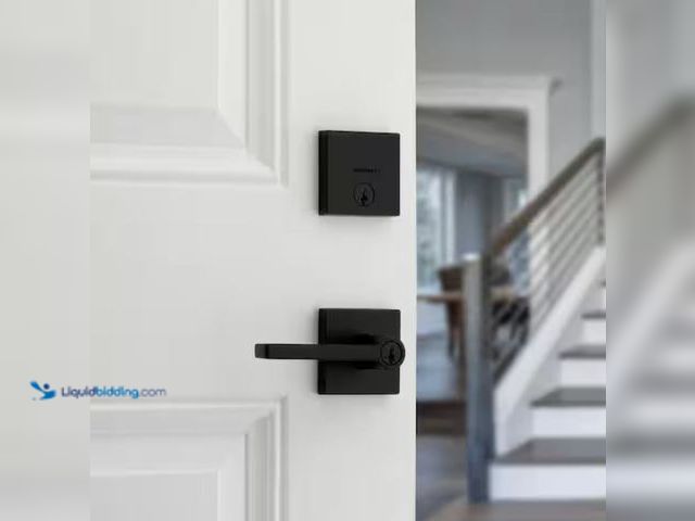Lot 49-2005783 - Kwikset Halifax Matte Black Entry Door Handle with Single Cylinder Deadbolt Combo Pack featuring Sma...