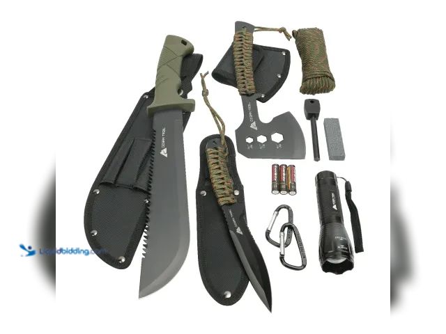 Lot 49-1627145 - Lot of (2) Ozark Trail 12-Pack Camping Tool Set with 180-Lumen Flashlight, 10" Machete, 4.5" Hatchet...