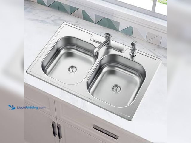 Lot 49-5549904 - Glacier Bay 33 in. Drop-In 50/50 Double Bowl 22 Gauge Stainless Steel Kitchen Sink Model # VT3322A06...