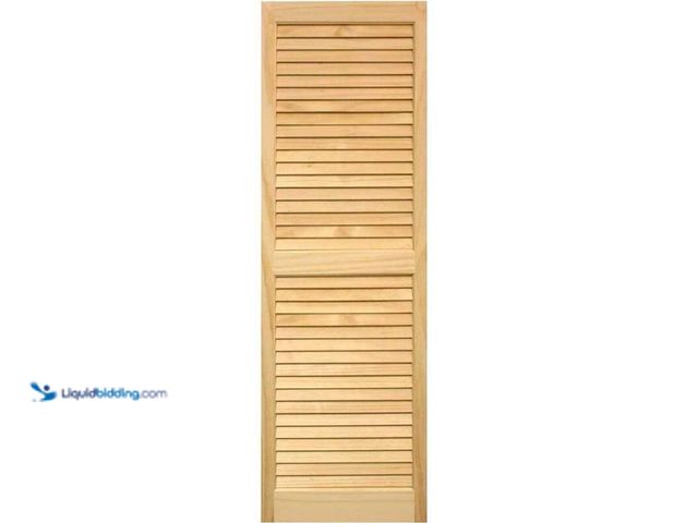 Lot 49-5406205 - Pine craft 15 in. x 47 in. Pine Louvered Shutters Pair Unfinished, Model # SHL47, Unused.