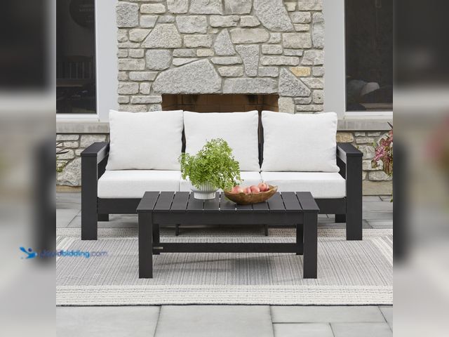 Lot 49-2020765 - Better Homes & Gardens Ezra Outdoor Sofa, Black with Cream Boucle Cushions with Scotchgard. MSRP: $4...