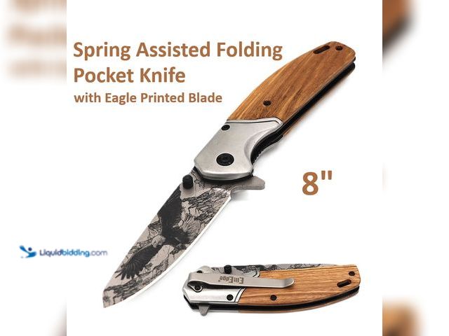 Lot 49-1616243 - Spring Assisted Folding Pocket Knife 8" with Wood Handle and Eagle Printed Blade - NEW - This Spring...